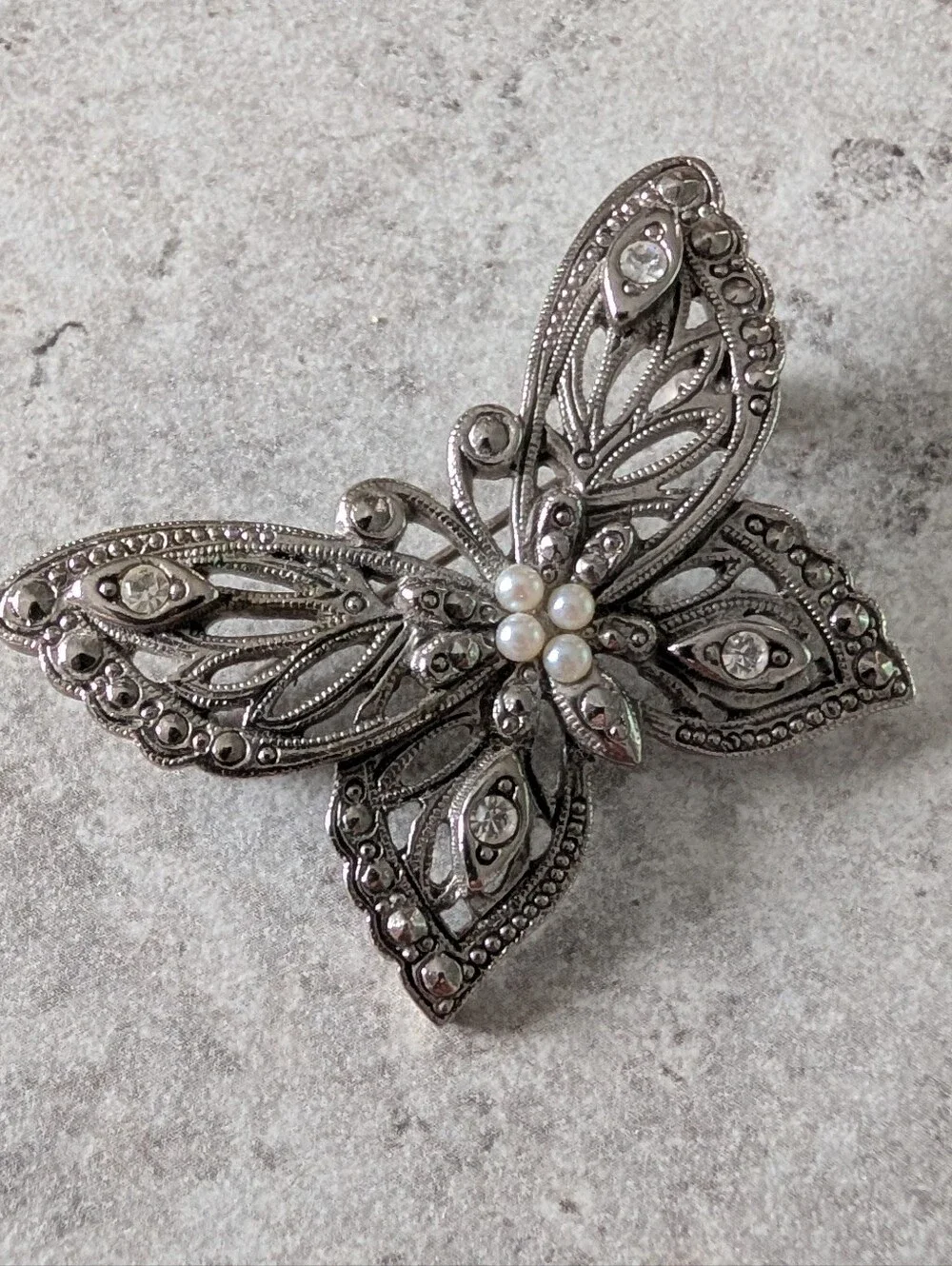 Vintage Avon Butterfly Brooch with Faux Pearl And Clear Rhinestone Accents